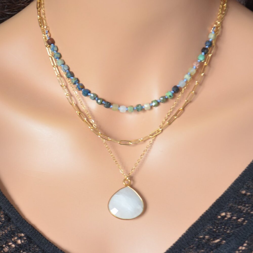 Layering Necklace Set with Moonstone Pendant and Chrysocolla Gemstones